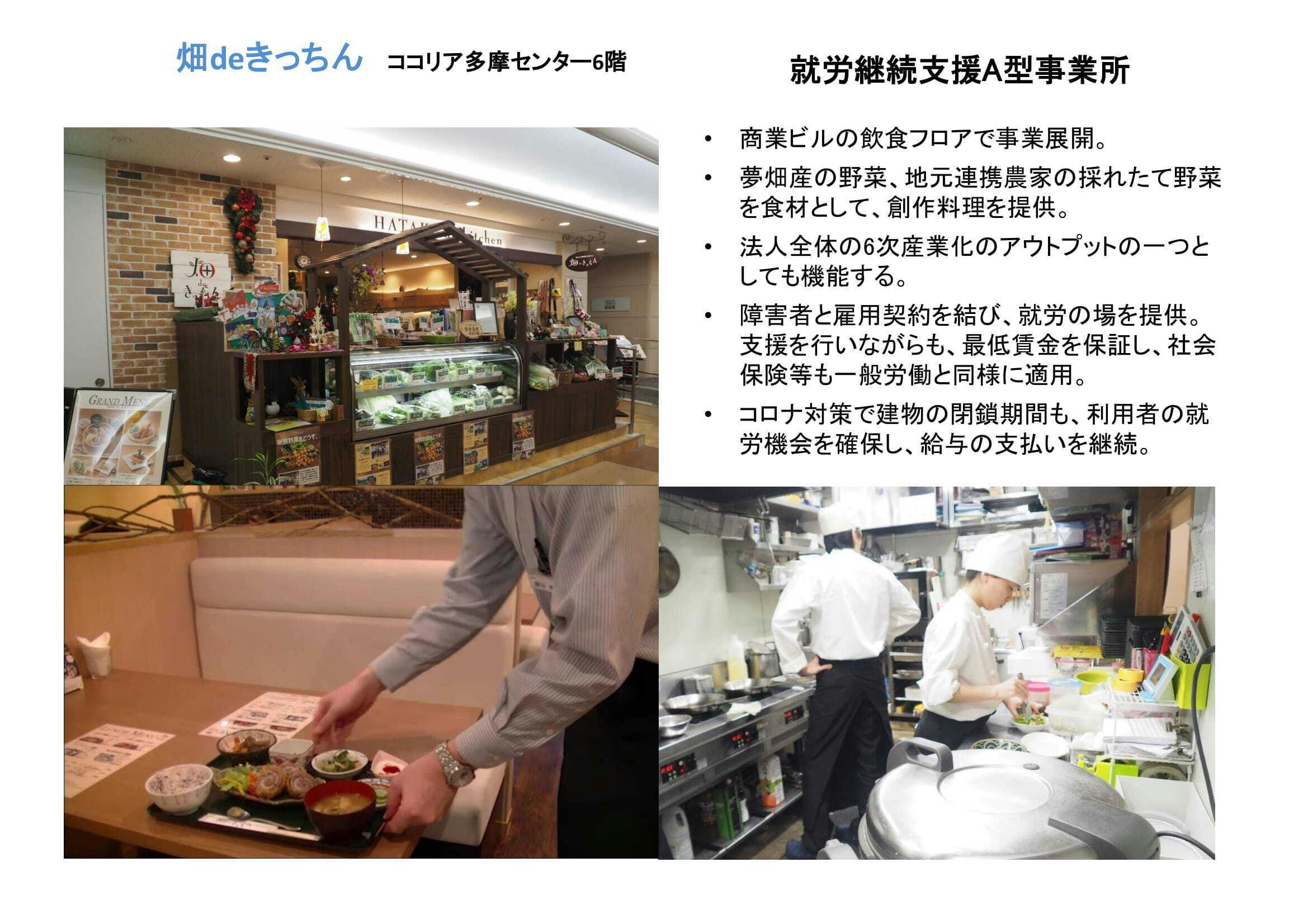 畑deきっちん(就労継続支援A型):夢畑産の野菜、地元連携農家の 採れたて野菜を食材として、創作料理を提供。雇用契約の締結による就労機会の提供等、知識・能力向上のための訓練等の支援