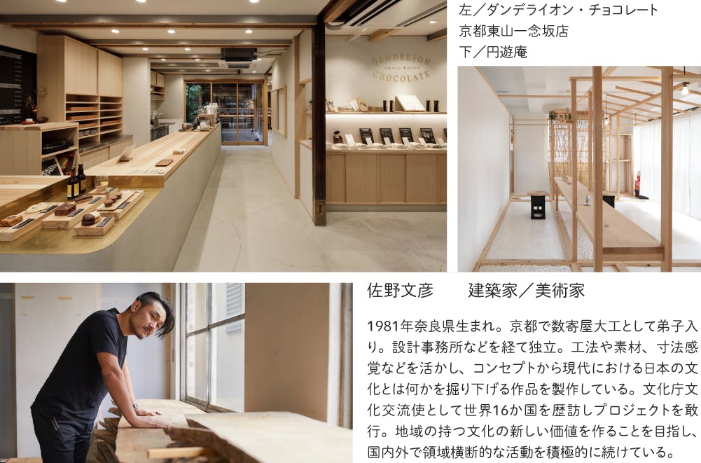 佐野文彦 建築家/美術家ー1981年奈良県生まれ。京都で数寄屋大工として弟子入り。設計事務所などを経て独立。工法や素材、寸法感覚などを活かし、コンセプトから現代における日本の文化とは何かを掘り下げる作品を製作している。文化庁文化交流使として世界16か国を歴訪しプロジェクトを敢行。地域の持つ文化の新しい価値を作ることを目指し、国内外で領域横断的な活動を積極的に続けている。