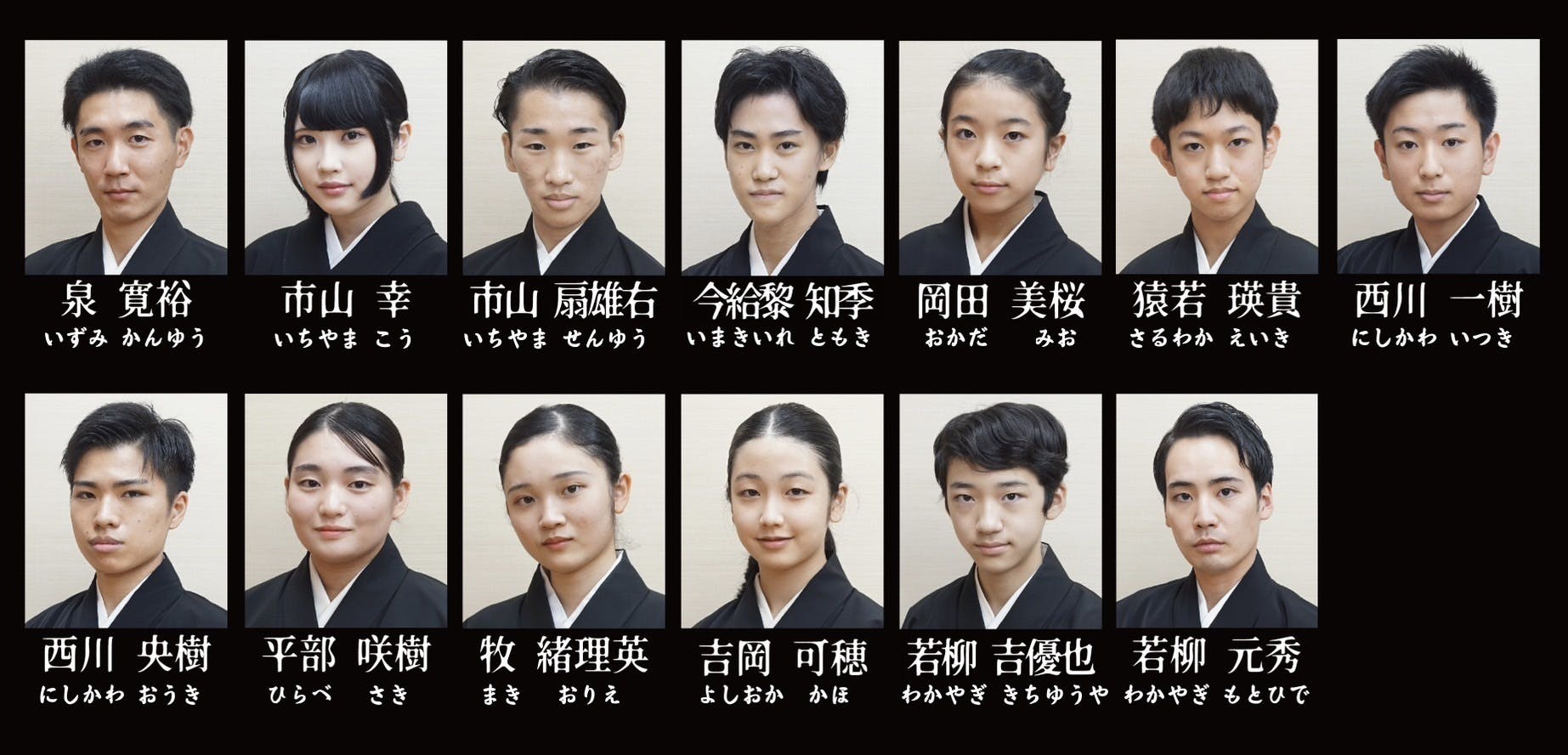 泉 寛裕(いずみ かんゆう) 市山 幸(いちやま こう) 市山 扇雄右(いちやま せんゆう) 今給黎 知季(いまきいれ ともき) 岡田 美桜(おかだ みお) 猿若 瑛貴(さるわか えいき) 西川 一樹(にしかわ いつき) 西川 央樹(にしかわ おうき) 平部 咲樹(ひらべ さき) 牧 緒理英(まき おりえ) 吉岡 可穗(よしおか かほ) 若柳 吉優也(わかやぎ きちゆうや) 若柳 元秀(わかやぎ もとひで)