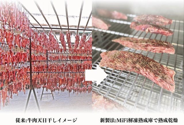 従来の干し肉と半熟菱肉の作り方の違い