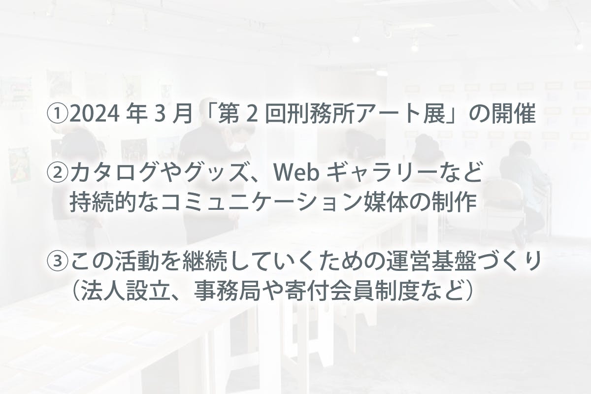 ①2024年3月「第2回刑務所アート展」の開催  ②カタログやグッズ、Webギャラリーといった、展覧会会期に限定されない持続的なコミュニケーション媒体の制作  ③この活動を10年、20年と継続していくための運営基盤づくり（法人設立、事務局や寄付会員制度など）