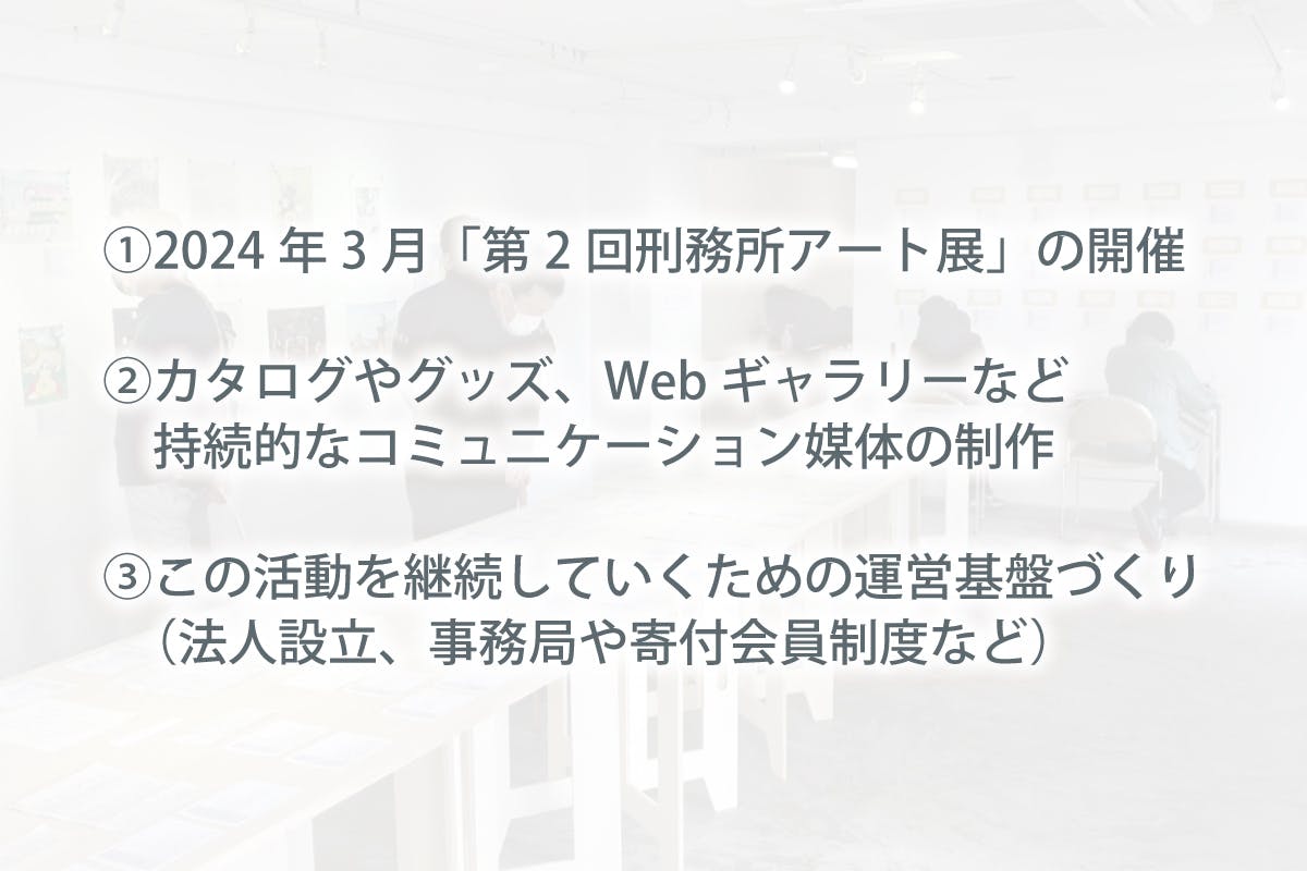 ①2024年3月「第2回刑務所アート展」の開催 ②カタログやグッズ、Webギャラリーといった、展覧会会期に限定されない持続的なコミュニケーション媒体の制作 ③この活動を10年、20年と継続していくための運営基盤づくり(法人設立、事務局や寄付会員制度など)