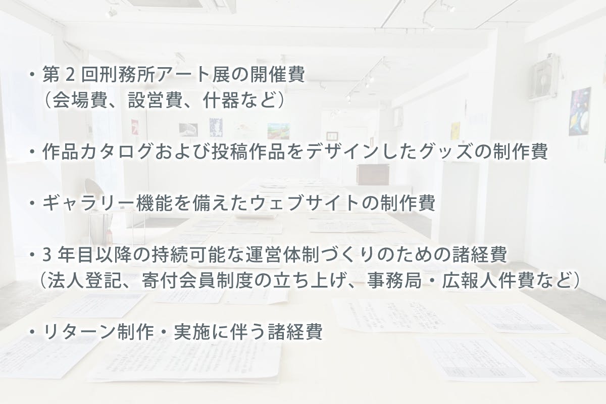 ・第2回刑務所アート展の開催費(会場費、設営費、什器など) ・作品カタログおよび投稿作品をデザインしたグッズの制作費 ・ギャラリー機能を備えたウェブサイトの制作費 ・3年目以降の持続可能な運営体制づくりのための諸経費(法人登記、寄付会員制度の立ち上げ、事務局・広報人件費など) ・リターン制作・実施に伴う諸経費