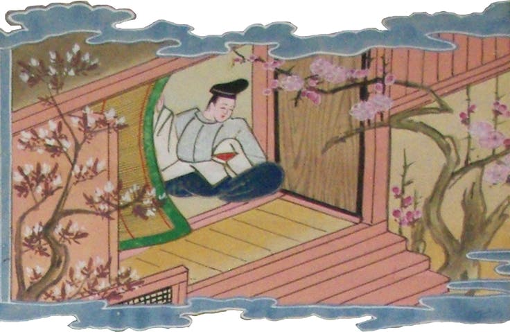 「稲吉老松神社菅公縁起絵」第一幅7段より「紅梅別離」。道真公が「東風(こち)吹かば 匂ひおこせよ 梅の花」の歌を詠んでいるシーンです。