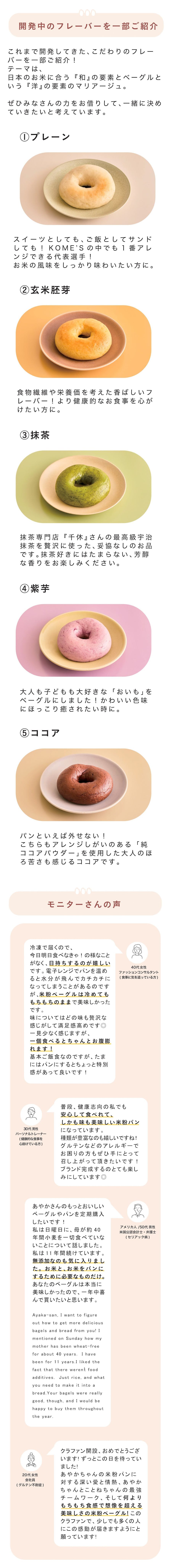 ■開発中のフレーバーを一部ご紹介 これまで開発してきた、こだわりのフレーバーを一部ご紹介! テーマは日本のお米に合う『和』の要素とベーグルという『洋』の要素のマリアージュ。 ぜひみなさんの力をお借りして、一緒に決めていきたいと考えています。 ①プレーン スイーツとしても、ご飯としてサンドしても!KOME’Sの中でも一番アレンジできる代表選手!お米の風味をしっかり味わいたい方に。 ②玄米胚芽 食物繊維や栄養価を考えた香ばしいフレーバー!より健康的なお食事を心がけたい方に。 ③抹茶 抹茶専門店『千休』さんの最高級宇治抹茶を贅沢に使った、妥協なしのお品です。抹茶好きにはたまらない、芳醇な香りをお楽しみください。 ④紫芋 大人も子どもも大好きな「おいも」をベーグルにしました!かわいい色味にほっこり癒されたい時に。 ⑤ココア パンといえば外せない!こちらもアレンジしがいのある「純ココアパウダー」を使用した大人のほろ苦さも感じるココアです。 ■モニターさんの声 ①アメリカ人男性(セリアック病のお客様) あやかさんのもっとおいしいベーグルやパンを定期購入したいです! 私は日曜日に、私の母が約40年間小麦を一切食べていないことについて話しました。 私は11年間続けています。食品添加物がないのも気に入りました。 お米と、お米をパンにするために必要なものだけ。あなたのベーグルは本当に美味しかったので、一年中喜んで買いたいと思います。 R Ayaka-san, I want to figure out how to get more delicious bagels and bread from you! I mentioned on Sunday how my mother has been wheat-free for about 40 years. I have been for 11 years.I liked the fact that there weren't food additives. Just rice, and what you need to make it into a bread.Your bagels were really good, though, and I would be happy to buy them throughout the year. R ②20代女性(普段からお食事によってお身体の調子が変わりやすいお客様) クラファン開設、おめでとうございます!ずっとこの日を待っていました!あやかちゃんの米粉パンに対する深い愛と情熱、あやかちゃんとことねちゃんの最強チームワーク、そして何よりモチモチ食感で想像を超える美味しさの米粉ベーグル!このクラファンで、少しでも多くの人にこの感動が届きますようにと願っています!Y.K ③40代女性(ブライダルスタイリスト) 冷凍で届くので、今日明日食べなきゃ!の様なことがなく、日持ちするのが嬉しいです。電子レンジでパンを温めると水分が飛んでカチカチになってしまうことがあるのですが、米粉ベーグルは冷めてももちもちのままで美味しかったです。味についてはどの味も贅沢な感じがして満足感高めです🙆♀️✨一見少なく感じますが、一個食べるとちゃんとお腹膨れます!基本ご飯食なのですが、たまにはパンにするとちょっと特別感があって良いです! ④30代男性(パーソナルトレーナー) あやかちゃん、琴音ちゃん二人の米粉パンへの熱い想いに感銘をうけてモニターを受けさせて頂きました!普段、健康志向の私でも安心して食べれて、しかも味も美味しい米粉パンになっています。種類が豊富なのも嬉しいですね!グルテンなどのアレルギーでお困りの方もぜひ手にとって召し上がって頂きたいです!ブランド完成するのとても楽しみにしています✨