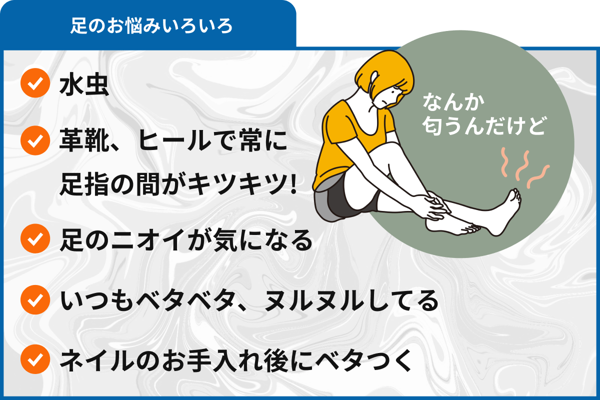 足のお悩みいろいろ 水虫、革靴、ヒールで常に 足指の間がキツキツ!、足のニオイが気になる、いつもベタベタ、ヌルヌルしてる、ネイルのお手入れ後にベタつく