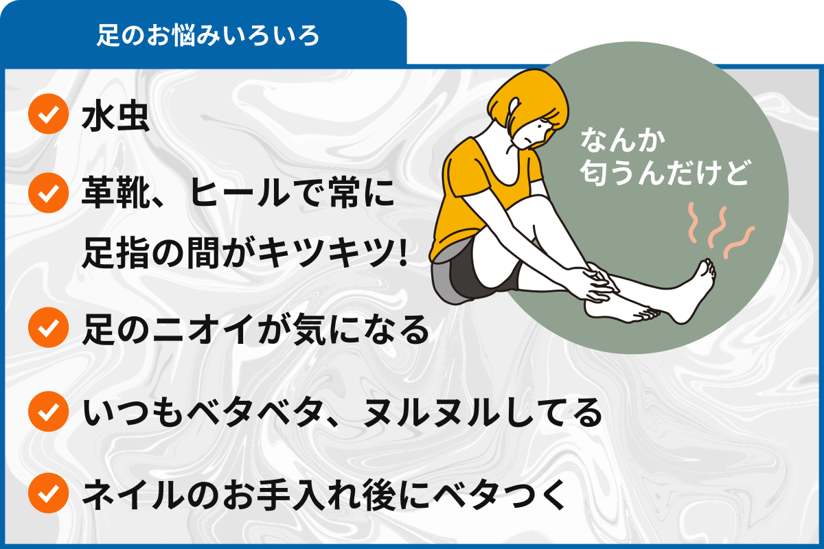 足のお悩みいろいろ　水虫、革靴、ヒールで常に 足指の間がキツキツ!、足のニオイが気になる、いつもベタベタ、ヌルヌルしてる、ネイルのお手入れ後にベタつく