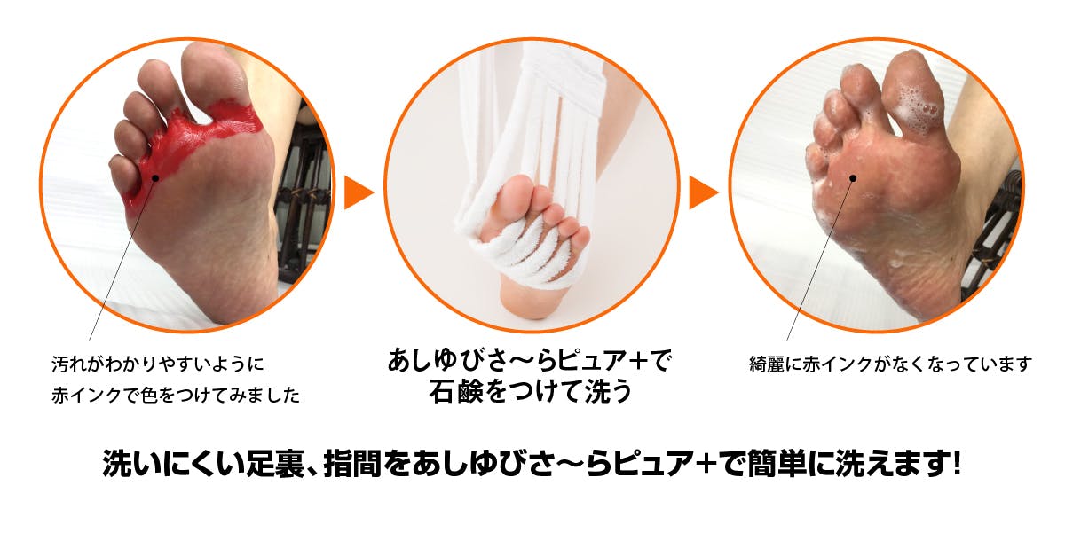 洗いにくい足裏、指間をあしゆびさ〜らピュア+で簡単に洗えます!