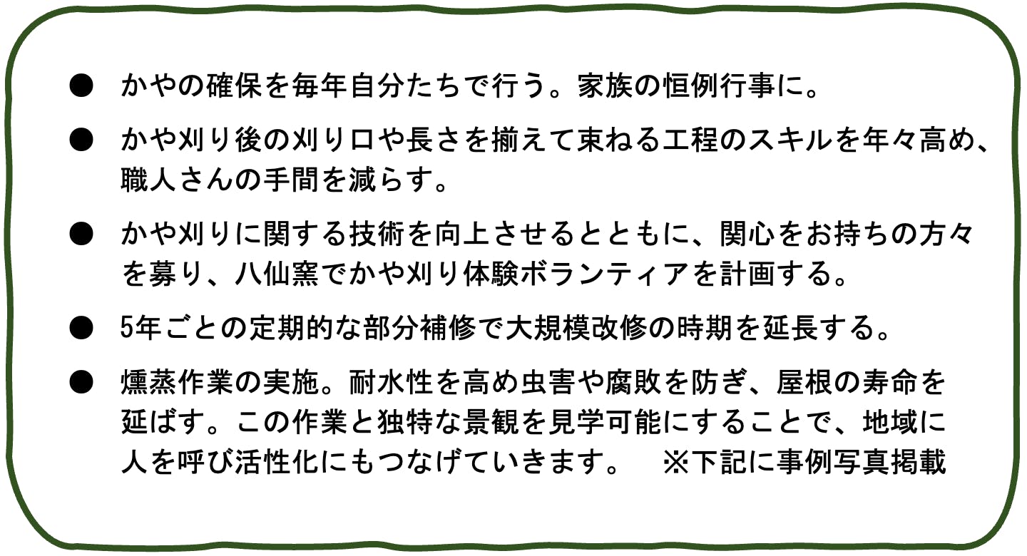 ●かやの確保を毎年自分たちで行う。家族の恒例行事に。 ●かや刈り後の刈り口や長さを揃えて束ねる工程のスキルを年々高め、職人さんの手間を減らす。 ●かや刈りに関する技術を向上させるとともに、関心をお持ちの方々を募り、八仙窯でかや刈り体験ボランティアを計画する。 ●5年ごとの定期的な部分補修で大規模改修の時期を延長する。 ●燻蒸作業の実施。耐水性を高め虫害や腐敗を防ぎ、屋根の寿命を延ばす。この作業と独特な景観を見学可能にすることで、地域に人を呼び活性化にもつなげていきます。