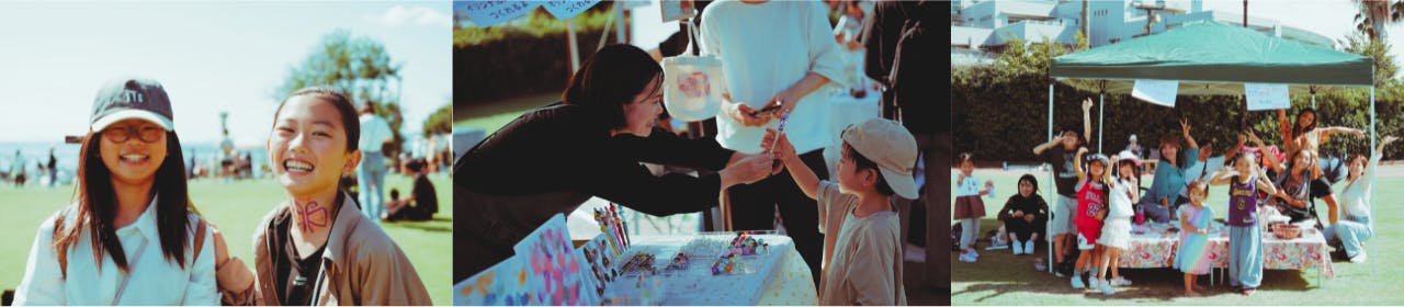 西宮市で開催された野外イベント会場の風景が３枚横並びに並んでいます。