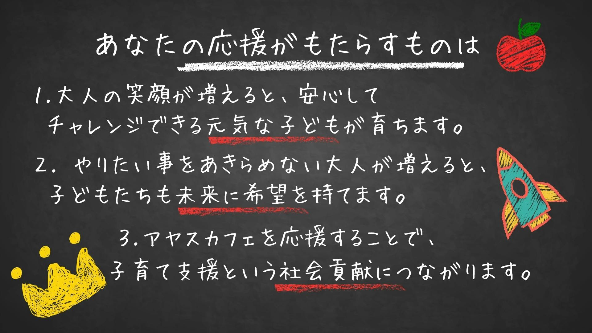 あなたの応援がもたらすものは 1.大人の笑顔が増えると、安心してチャレンジできる元気な子どもが育ちます。 Z.やりたい事をあきらめない大人が増えると、子どもたちも未来に希望を持てます。 3.アヤスカフェを応援することで、子育て支援という社会貢献につながります。