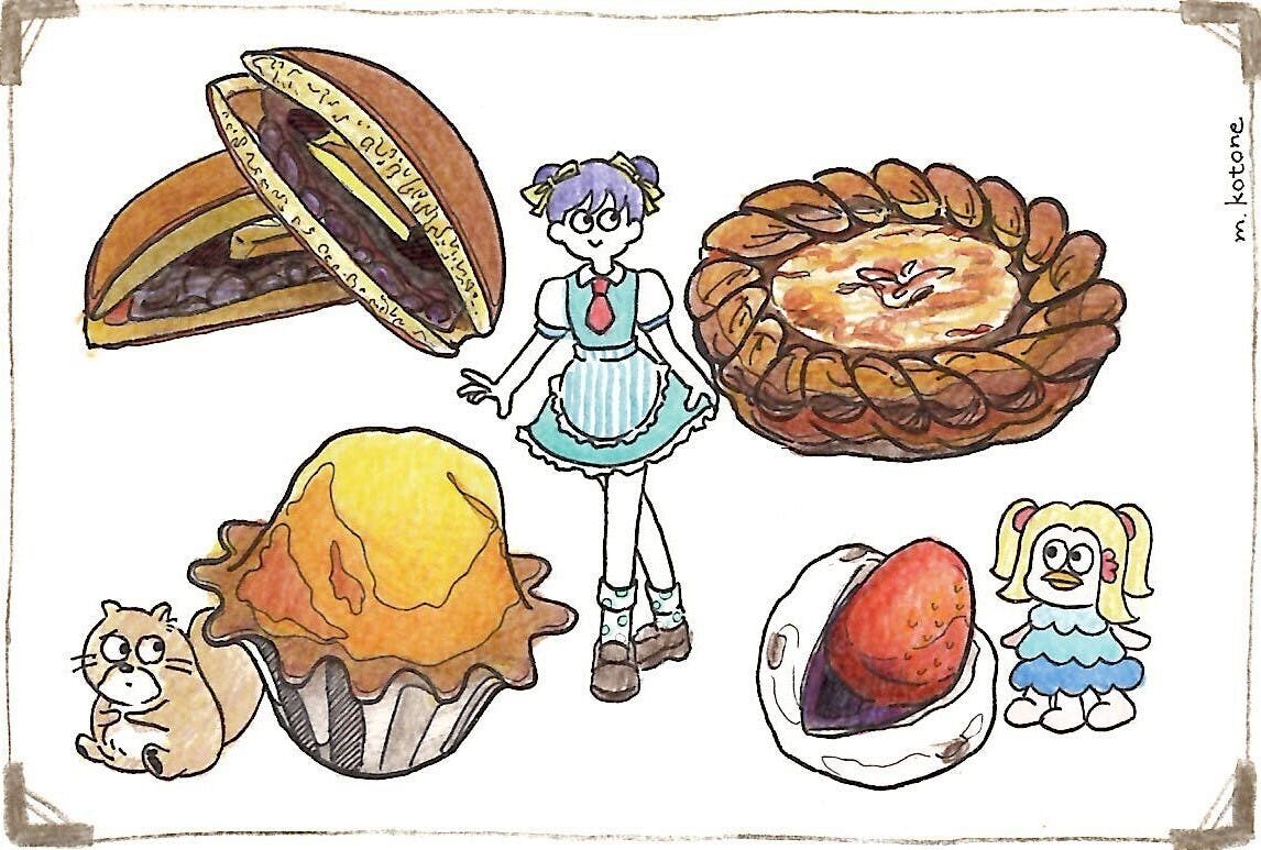 松月堂マスコットキャラクターと商品のイラスト