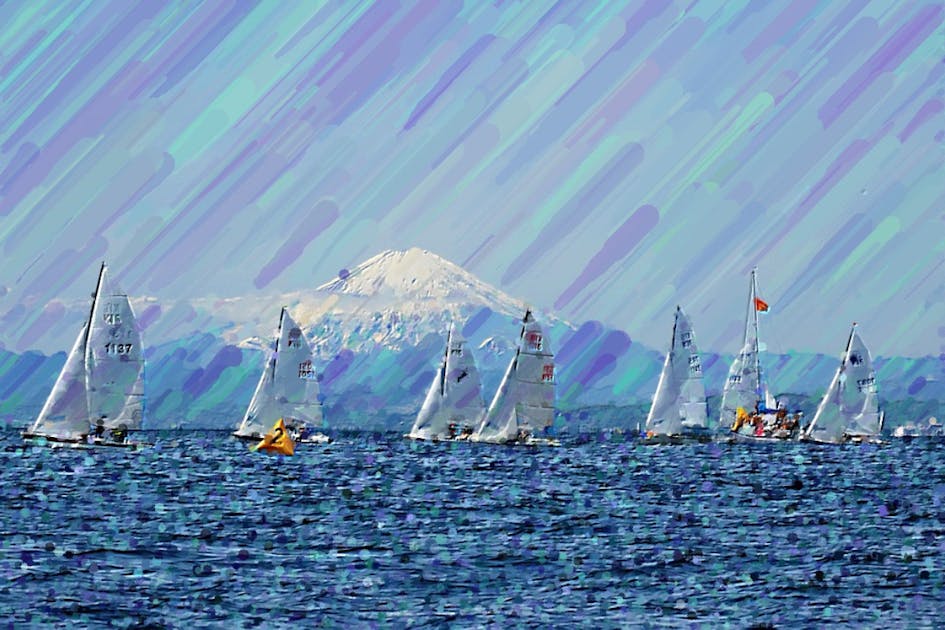 油絵ヨット停泊 （海の絵画をリトグラフの版画で制作した大和